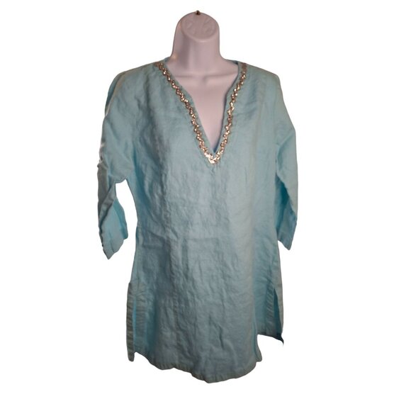 Malvin Womens Linen Tunic Top XL Blue Silver Beaded V Neck 3/4 Sleeves Lagenlook - Picture 1 of 7